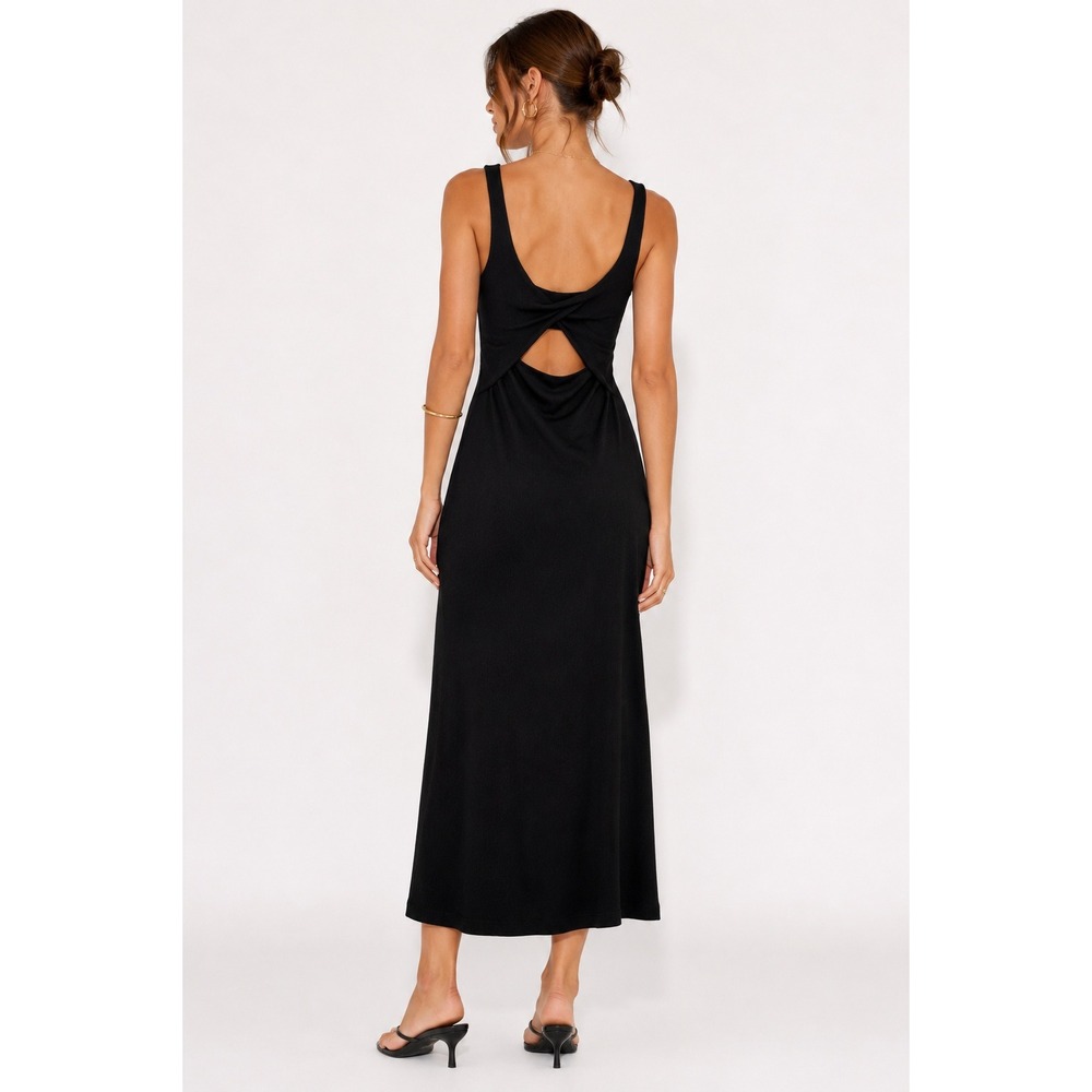 Nine Britton Black Ribbed Square Neck Twist Back Cutout Midi Dress Medium NWT - Picture 2 of 9